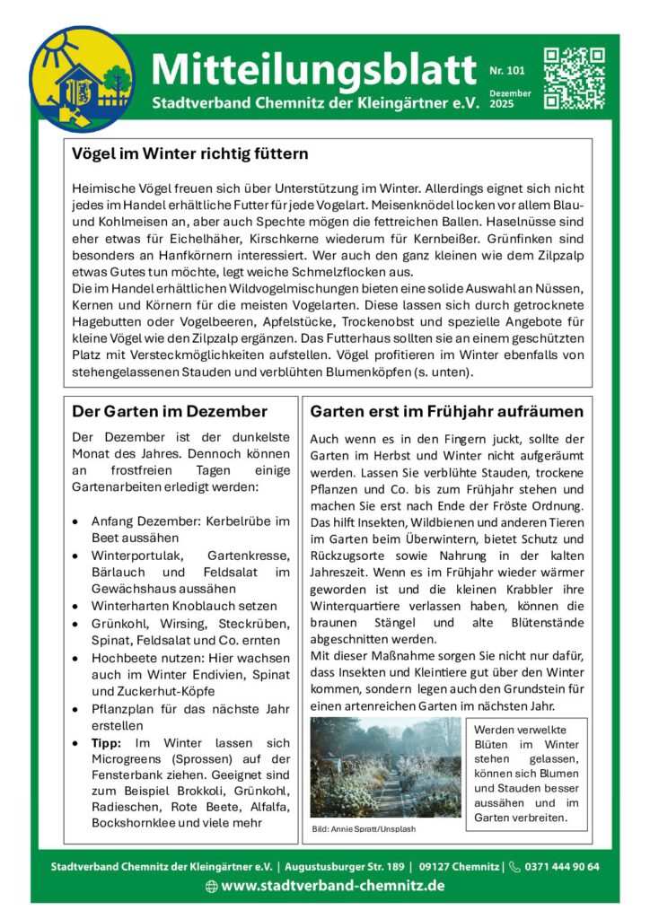 Mitteilungsblatt Nr. 101 Dezember 2025 – Stadtverband der Kleingärtner Chemnitz e. V.