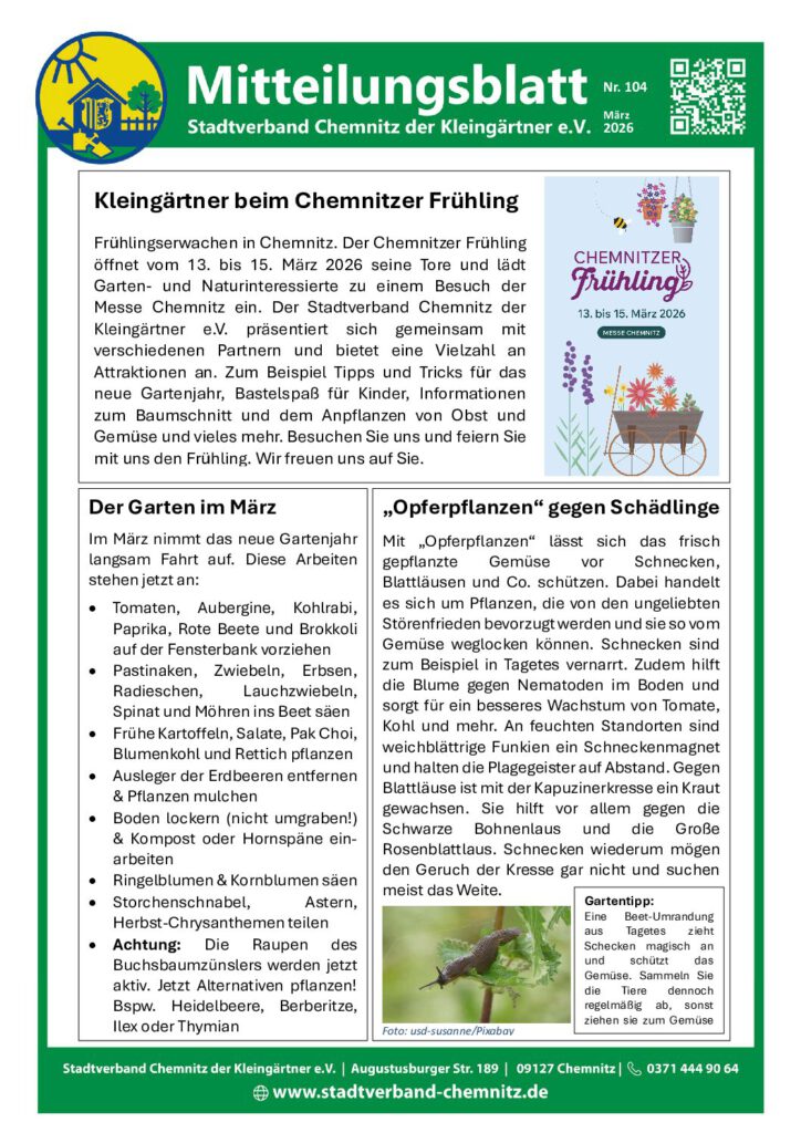 Mitteilungsblatt Nr. 104 März 2026 – Stadtverband der Kleingärtner Chemnitz e. V.