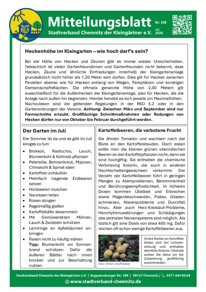 Mitteilungsblatt Nr. 108 Juli 2026 – Stadtverband der Kleingärtner Chemnitz e. V.