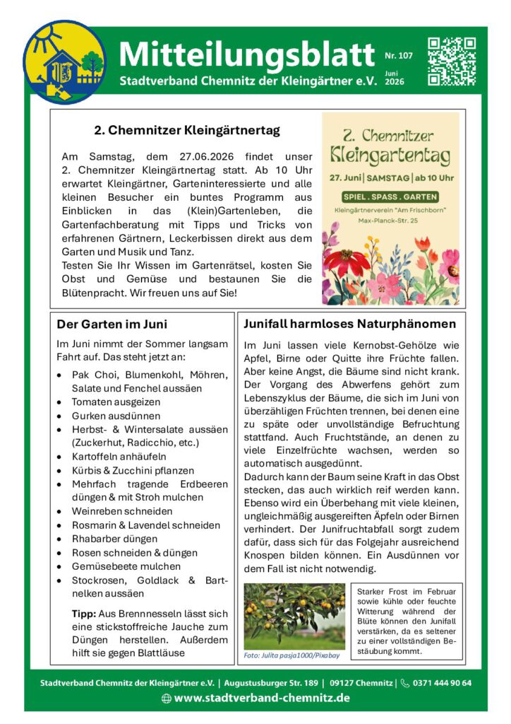 Mitteilungsblatt Nr. 107 Juni 2026 – Stadtverband der Kleingärtner Chemnitz e. V.