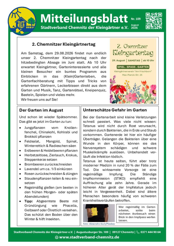 Mitteilungsblatt Nr. 109 August 2026 – Stadtverband der Kleingärtner Chemnitz e. V.